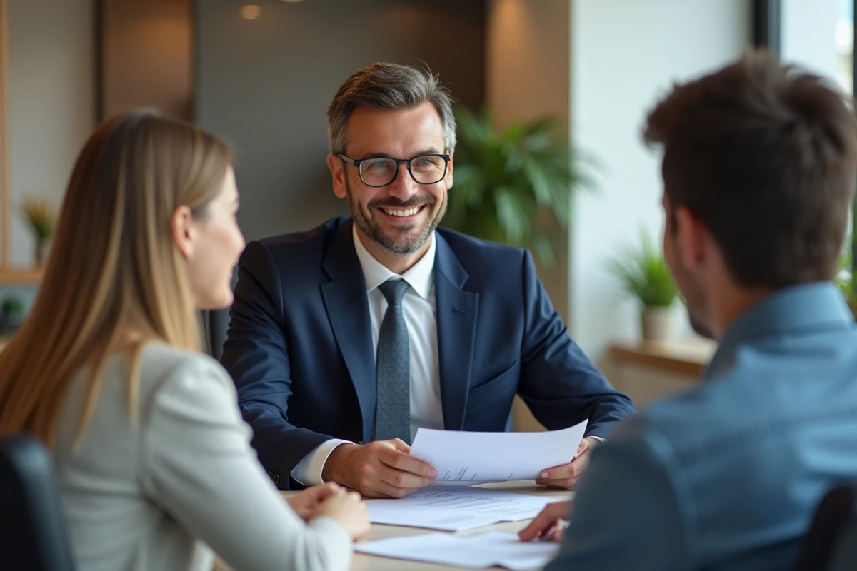 Agent immobilier souriant avec couple dans bureau moderne