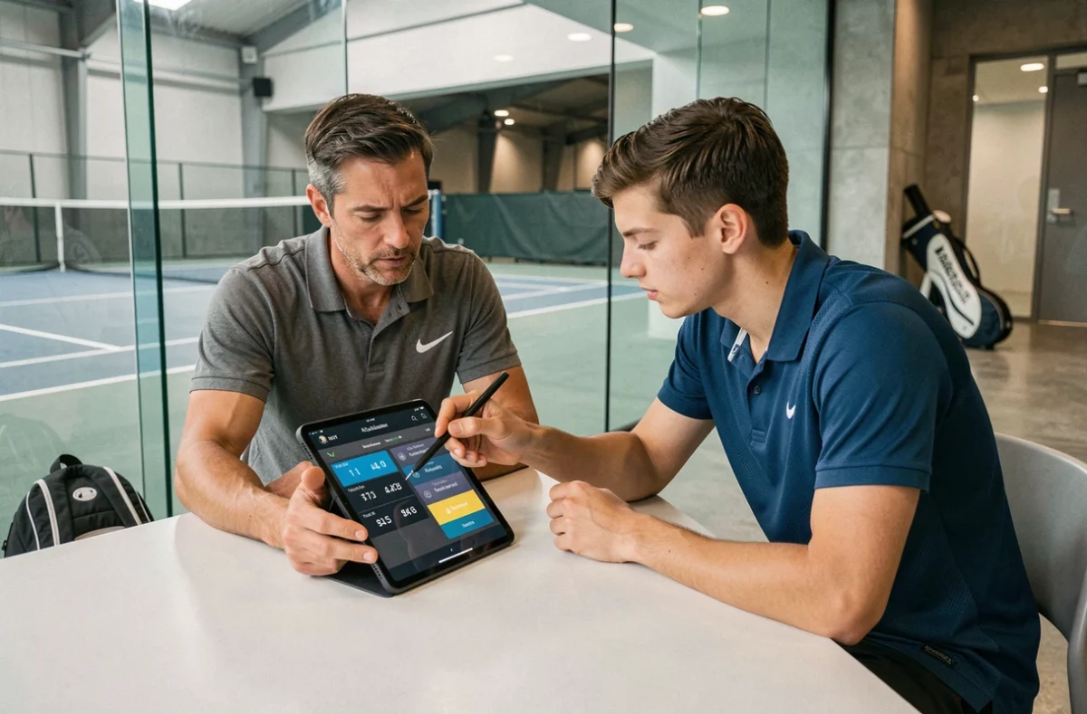 Entraîneur et joueur de tennis analysant les catégories de tournois ATP sur une tablette dans une académie sportive