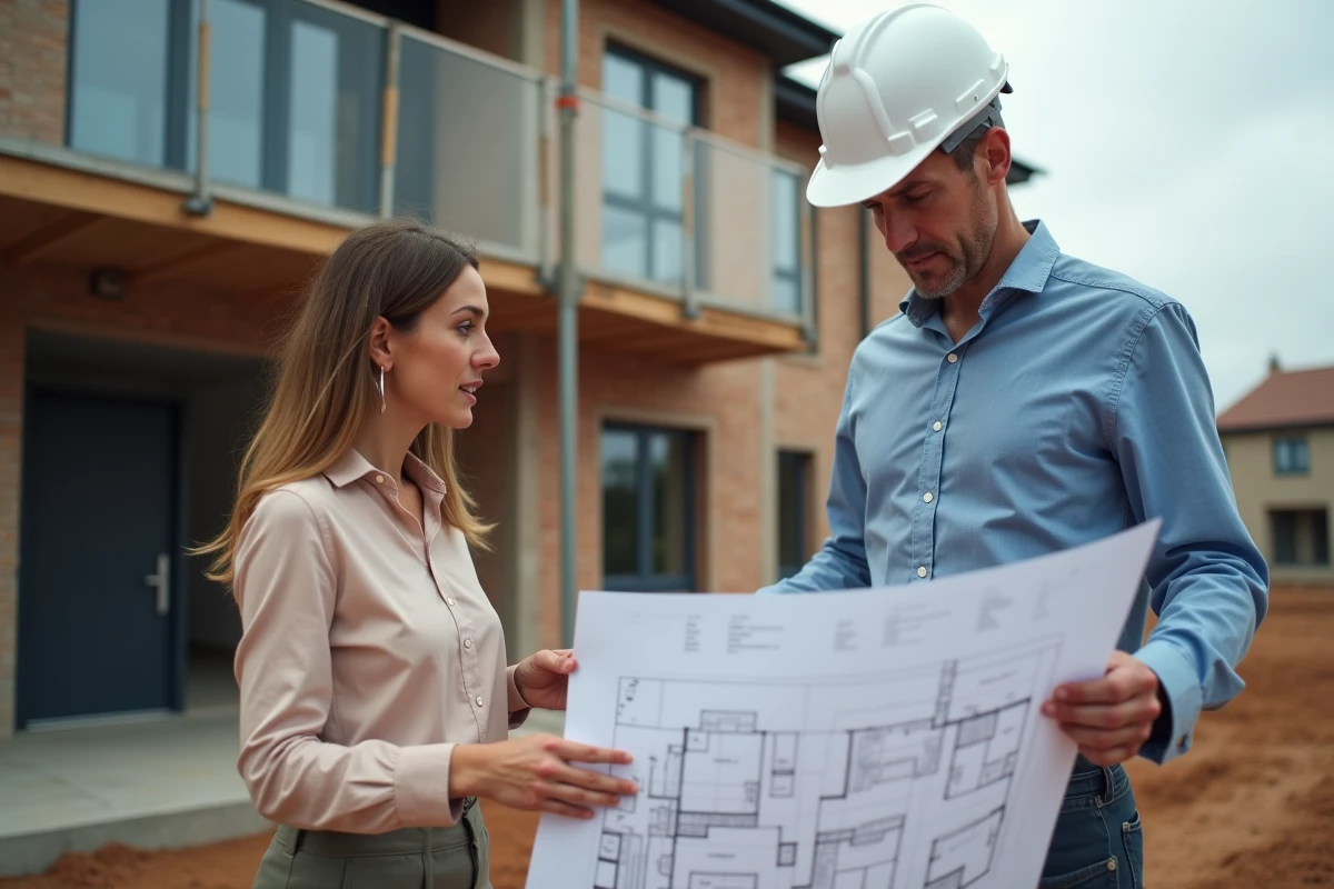 Femme et expert examinant plans de construction extérieur