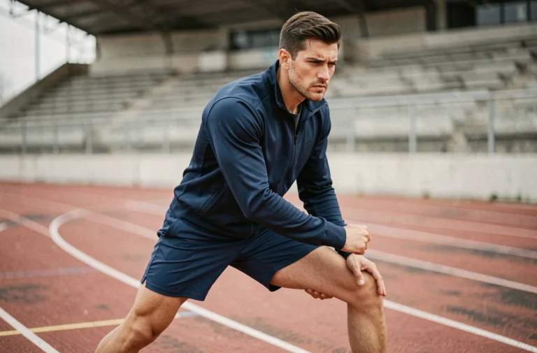 Athlète masculin s'étirant sur une piste d'athlétisme, illustrant le parcours inspirant des grands sportifs dont le nom commence par Z