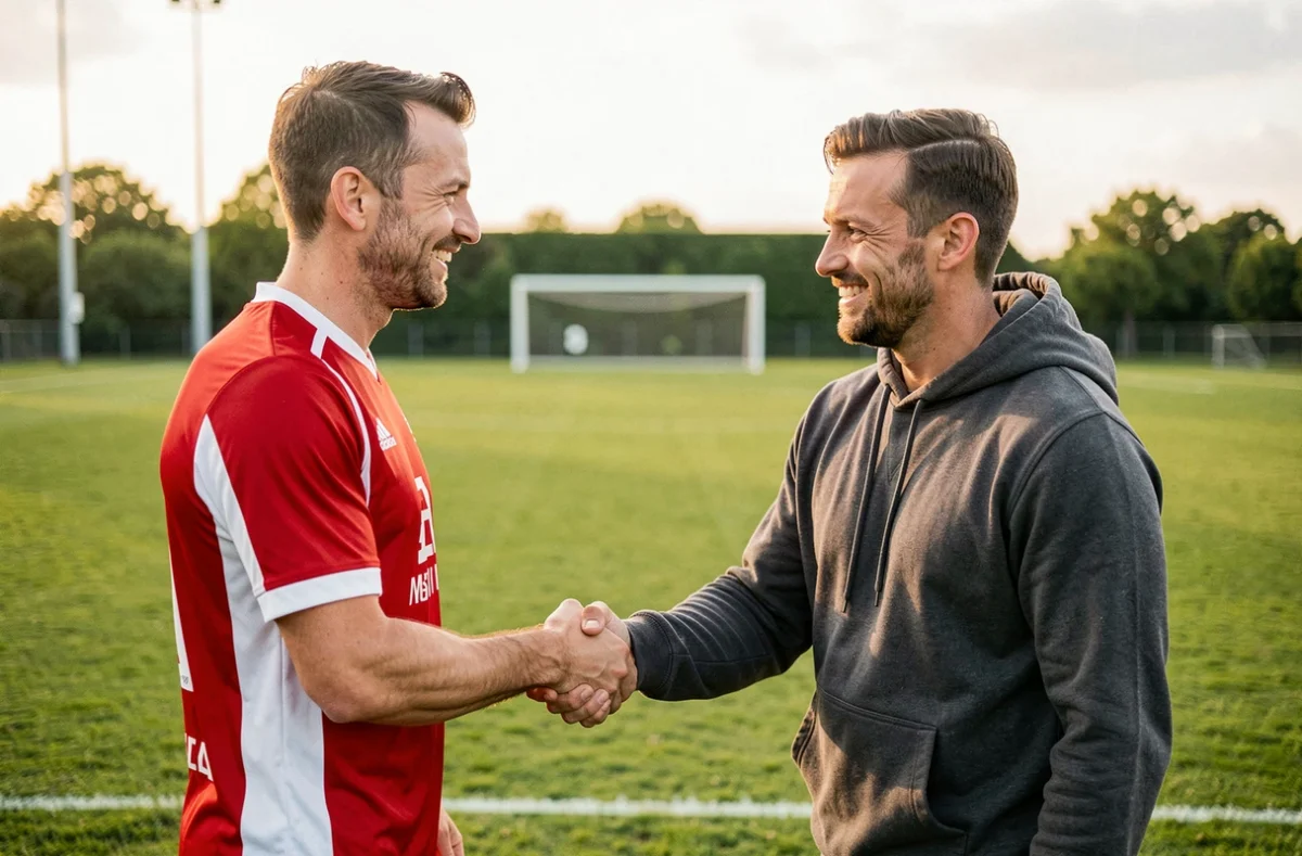 Deux athlètes masculins se serrant la main au bord d'un terrain de football, célébrant la camaraderie et l'esprit sportif