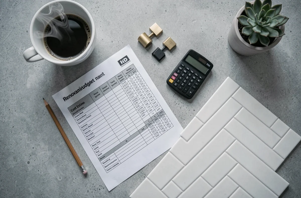 Planification du budget d'aménagement d'une cuisine avec devis, échantillons de matériaux et calculatrice