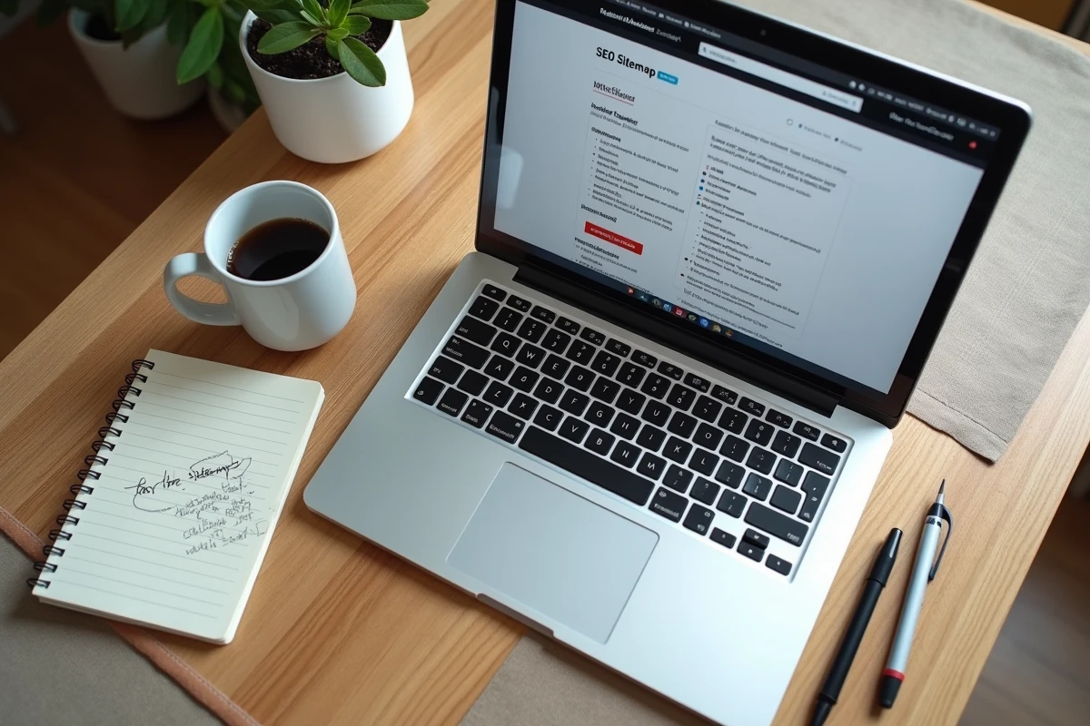 Vista desde arriba de un escritorio minimalista con un laptop mostrando una página sitemap HTML y notas SEO manuscritas