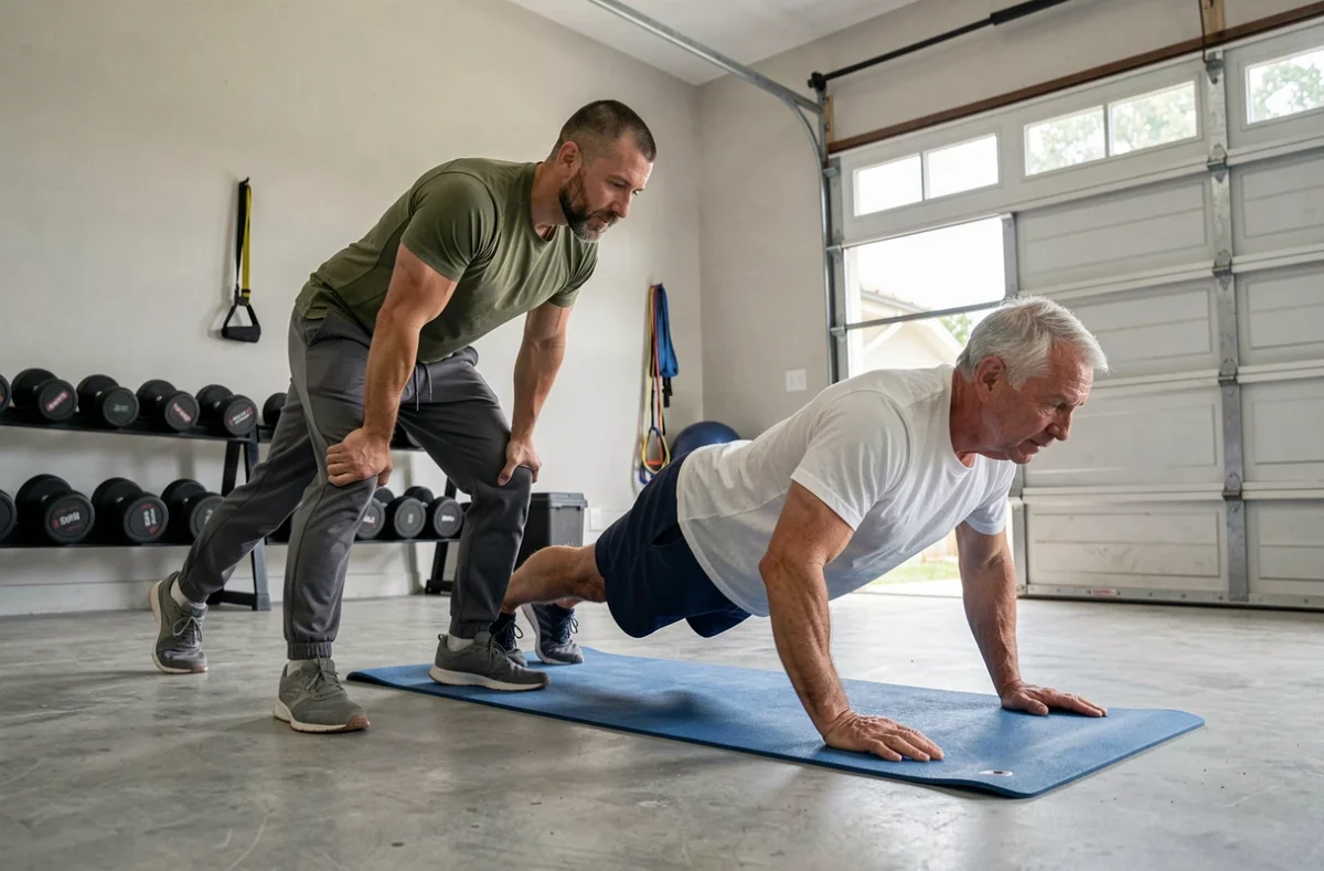 Coach sportif certifié BPJEPS supervisant un exercice de gainage pour un client senior dans un garage aménagé en salle de sport à domicile