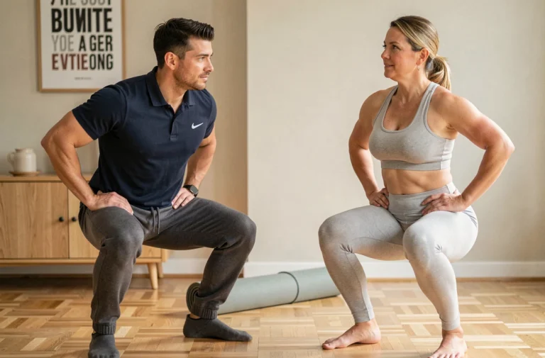 Coach sportif diplômé BPJEPS guidant une cliente lors d'une séance de sport à domicile dans un salon aménagé
