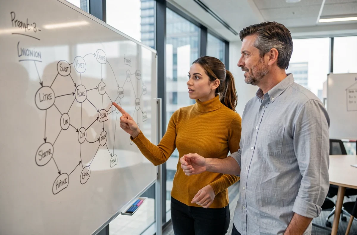 Deux collègues discutant d'une structure de sitemap dessinée sur un tableau blanc dans un espace de travail collaboratif moderne