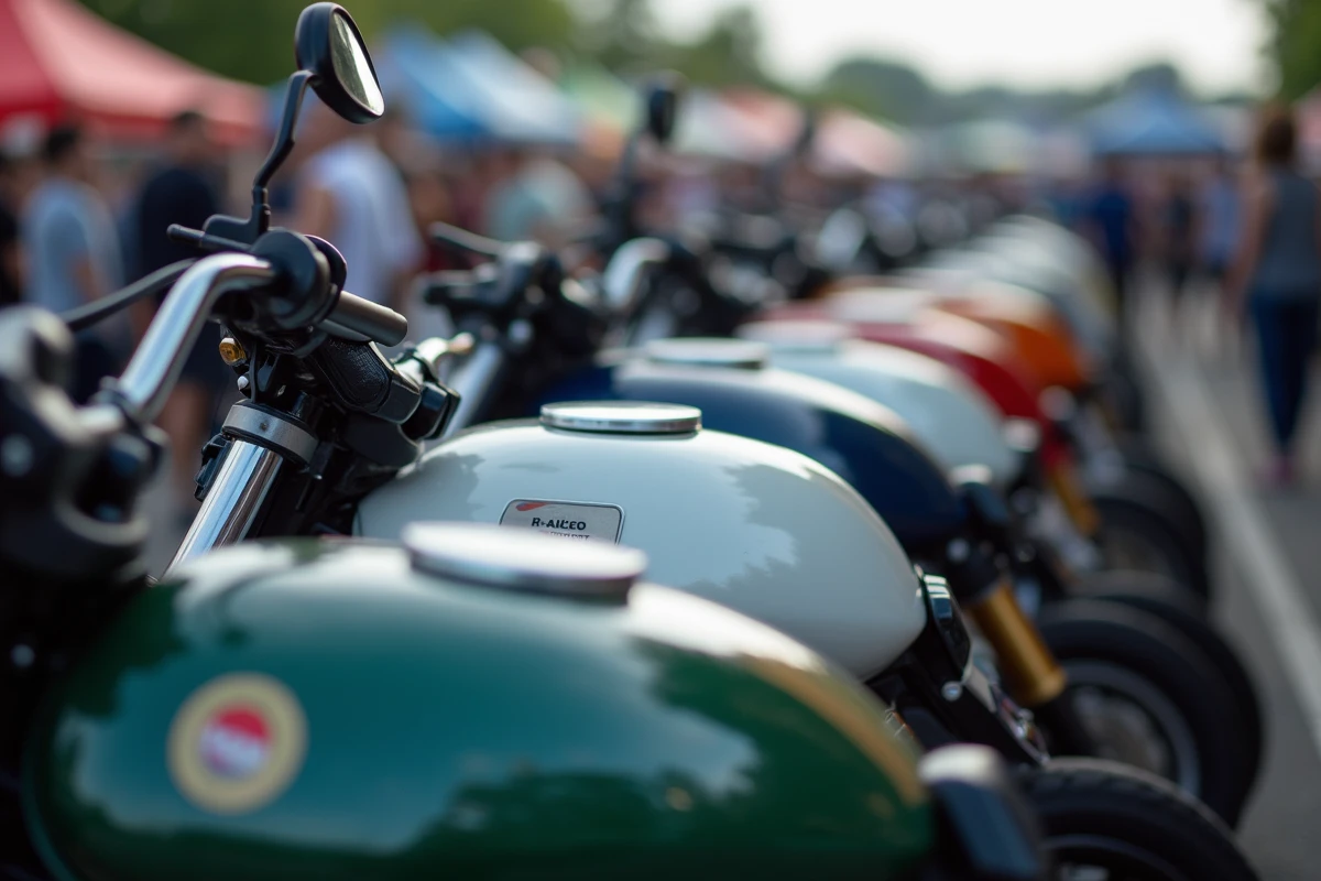 Comparaison de réservoirs de motos de grande capacité lors d'un salon moto en 2024