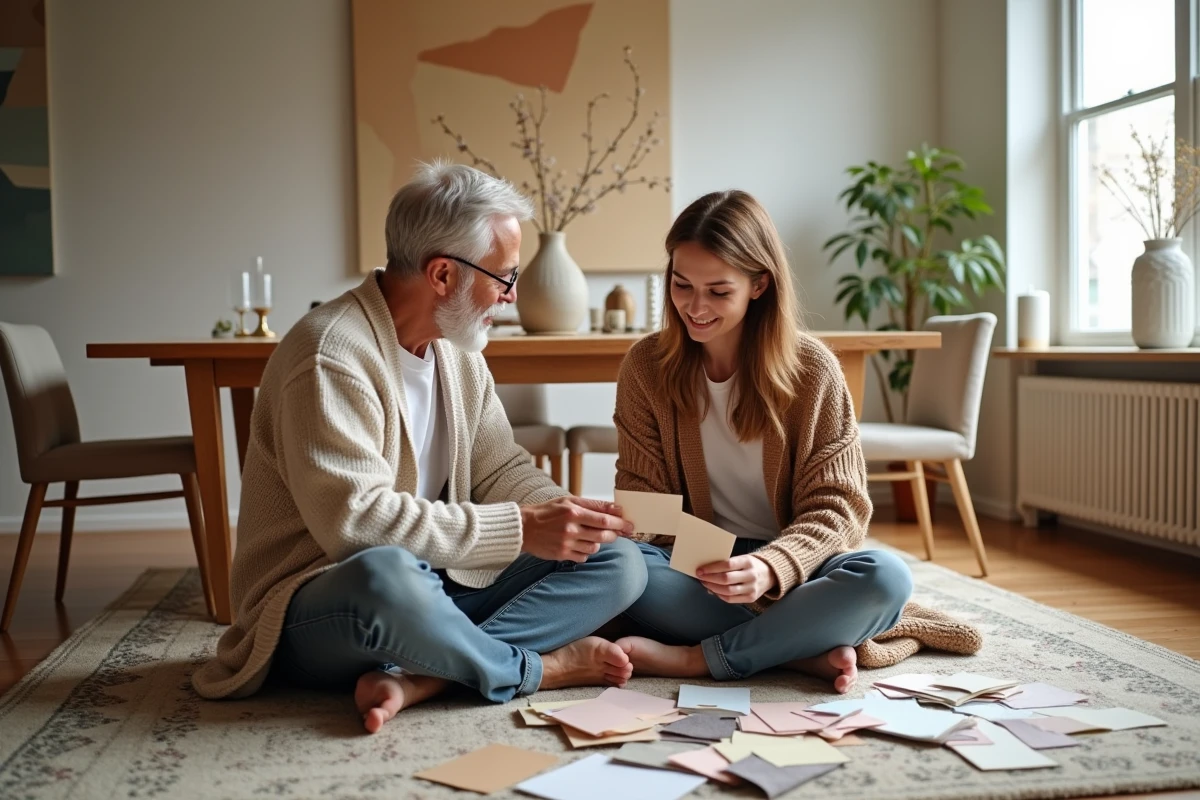 Couple dans leur salon examinant des échantillons de tissu et peinture