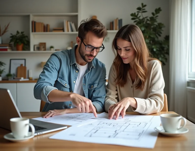 Couple examinant des plans architecturaux pour leur projet immobilier sur une table en bois dans un appartement moderne