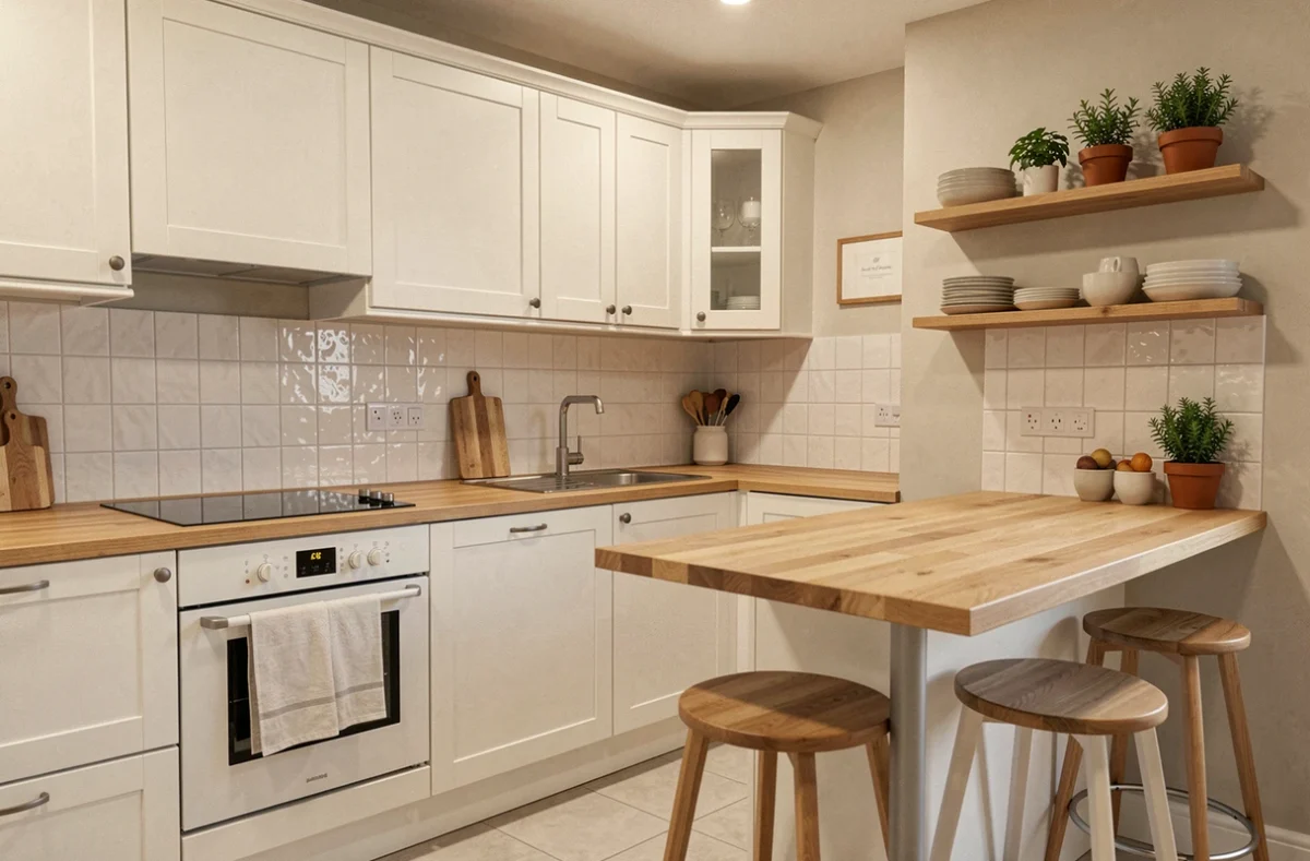 Cuisine moderne de 10m2 aménagée avec des meubles blancs, plan de travail en bois et petite îlot central