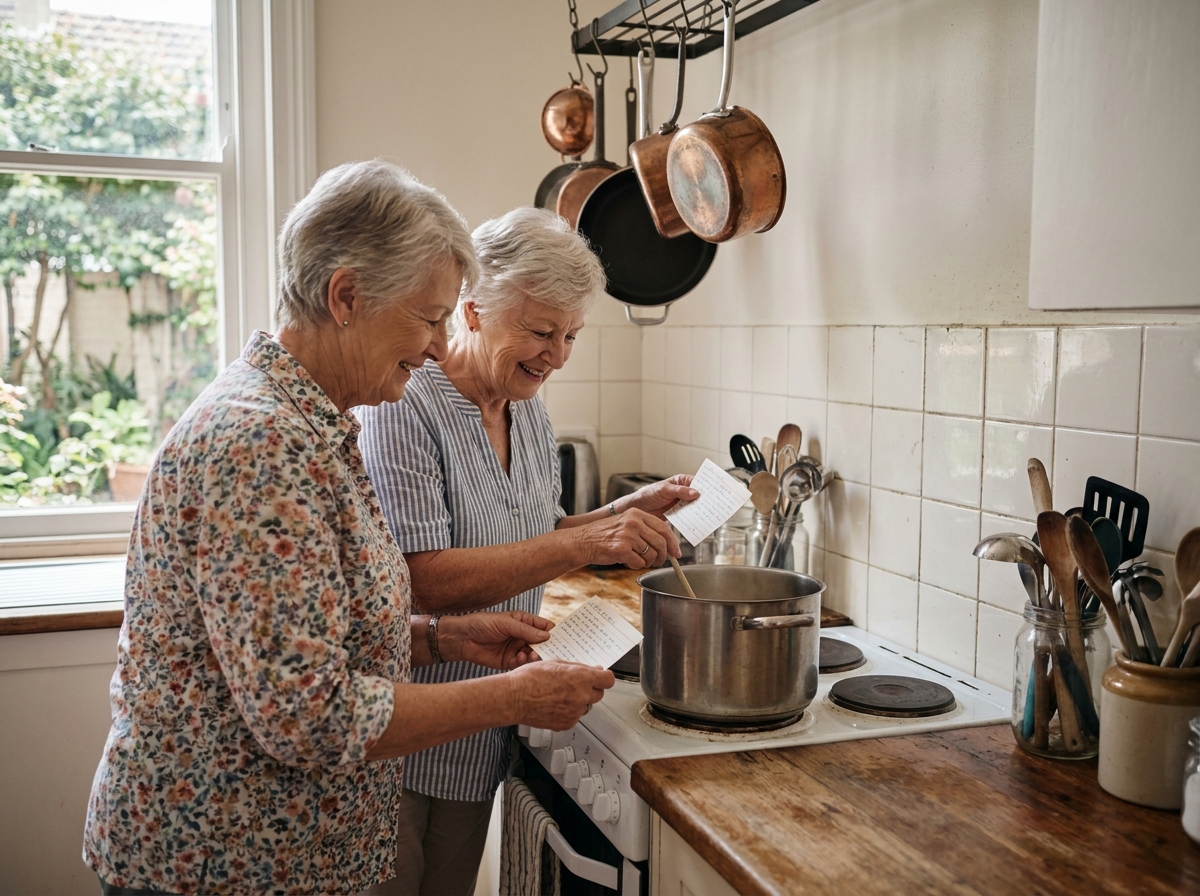 Deux femmes âgées préparant une recette traditionnelle ensemble dans la cuisine commune d'une résidence senior, maintenant leurs habitudes culinaires en structure collective