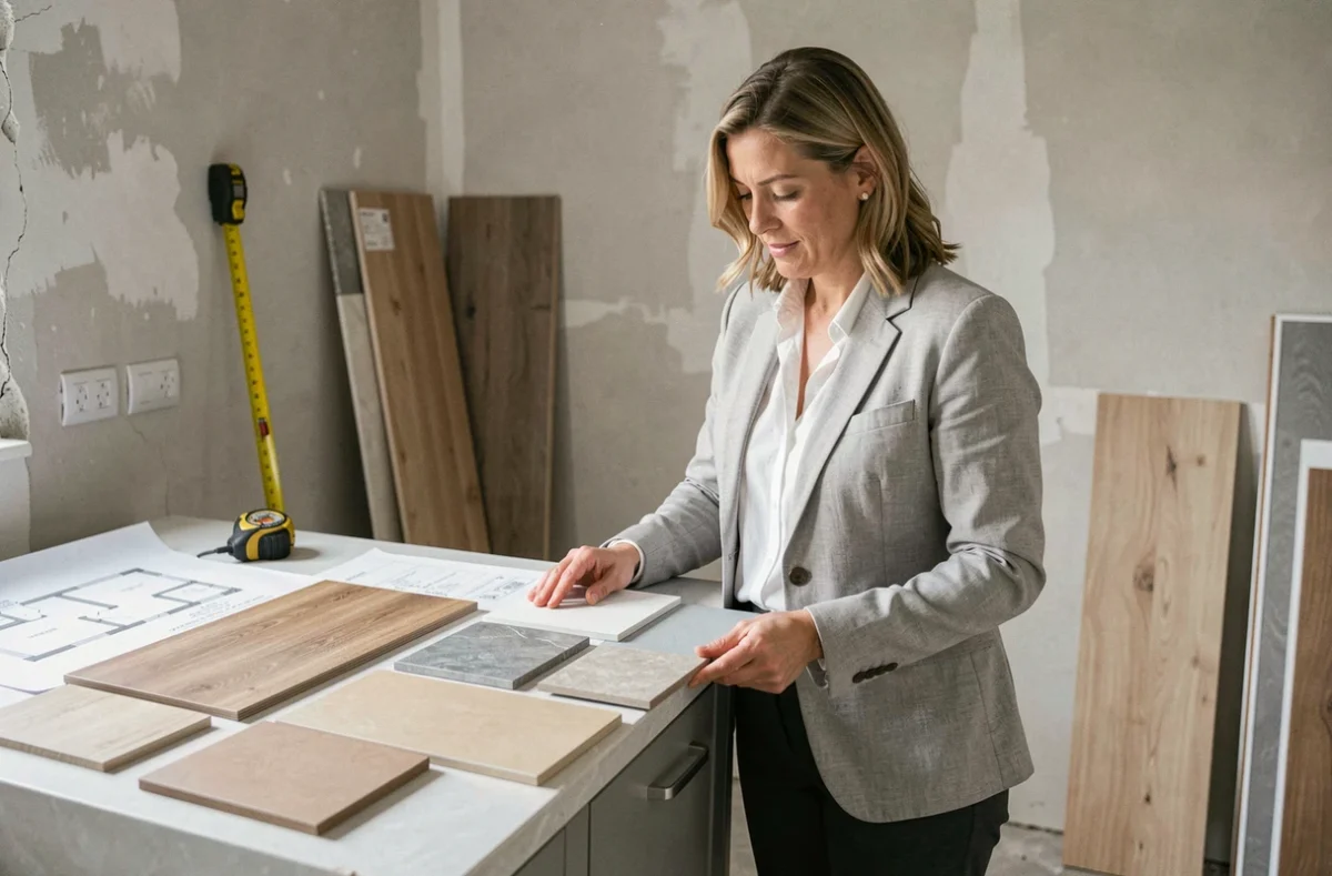 Designer d'intérieur présentant des échantillons de matériaux pour la rénovation d'une cuisine de 10m2