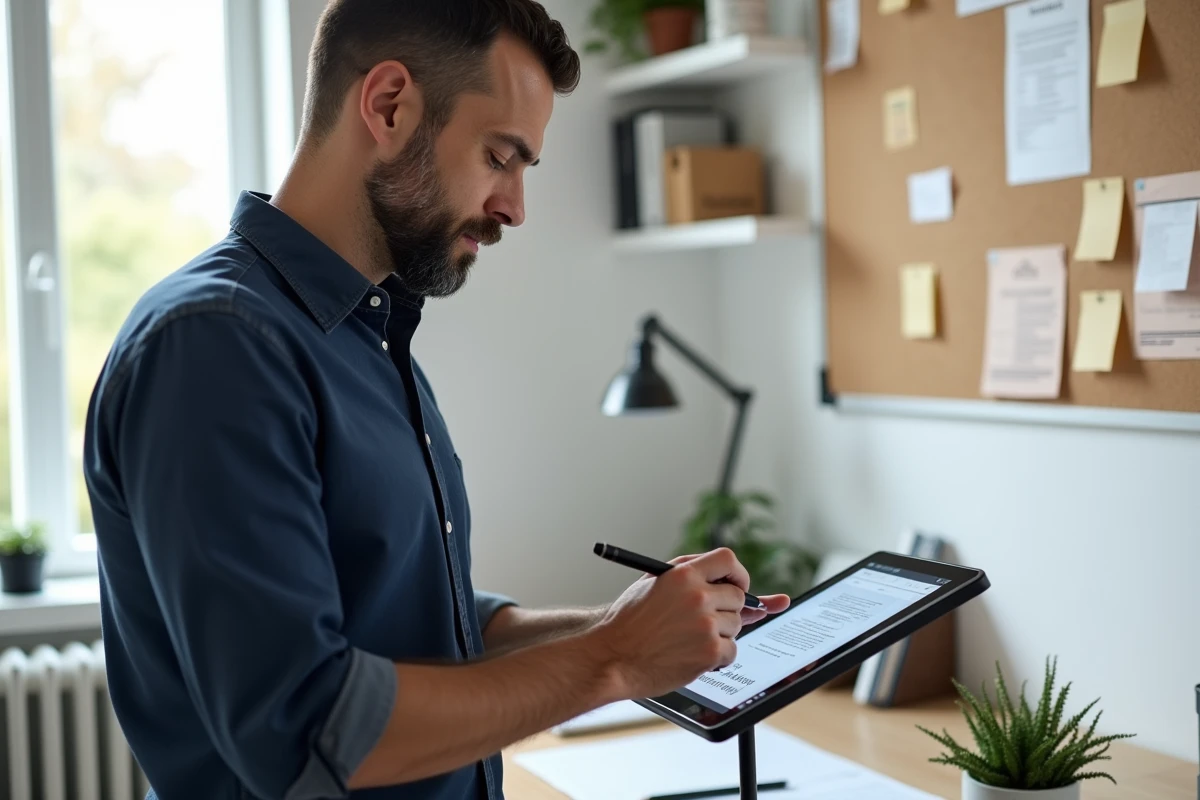 Designer UX masculin annotant des maquettes de site web sur tablette dans un bureau minimaliste pour optimiser l'expérience utilisateur