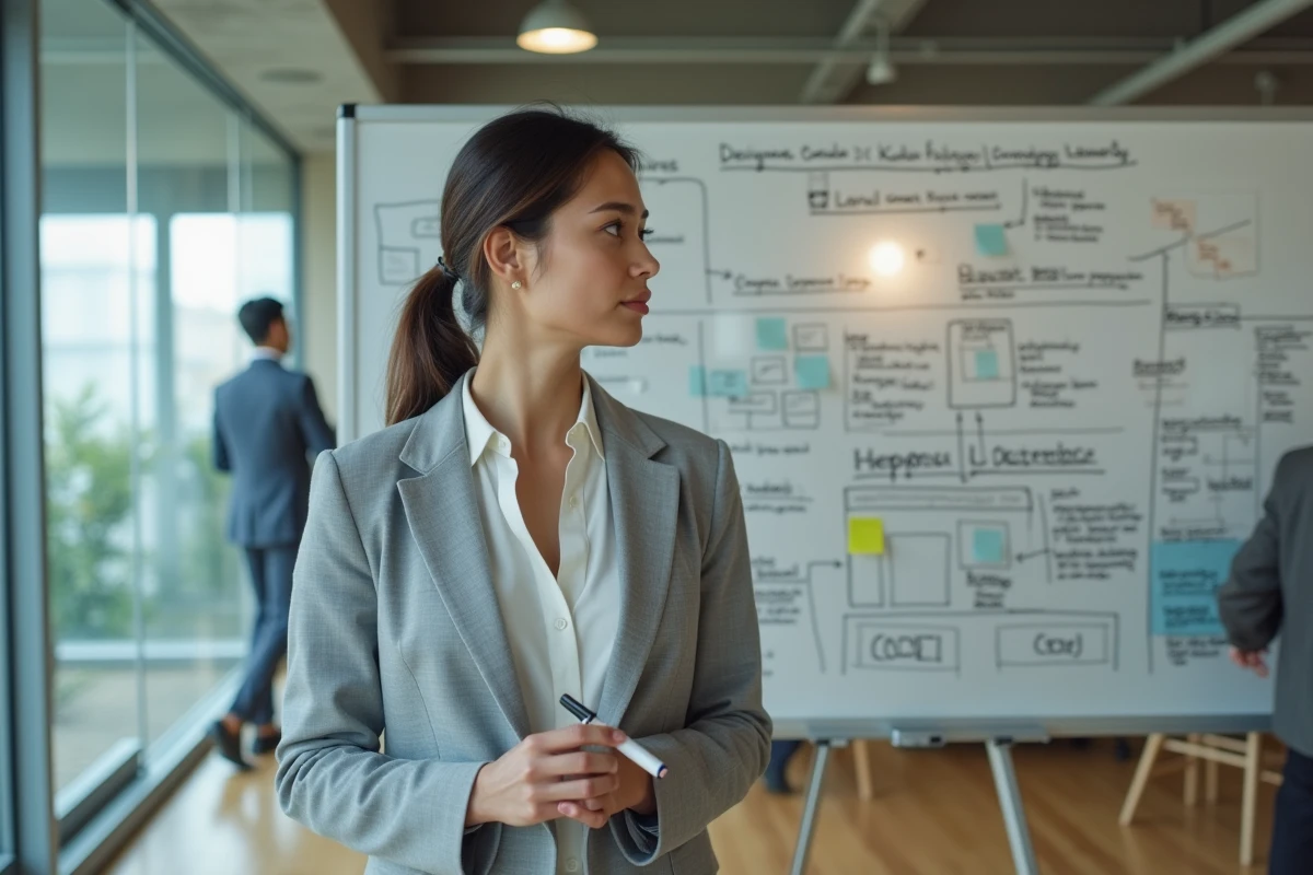 Diseñador UX de pie frente a una pizarra blanca con una arquitectura de sitio web y una jerarquía de sitemap dibujada a mano