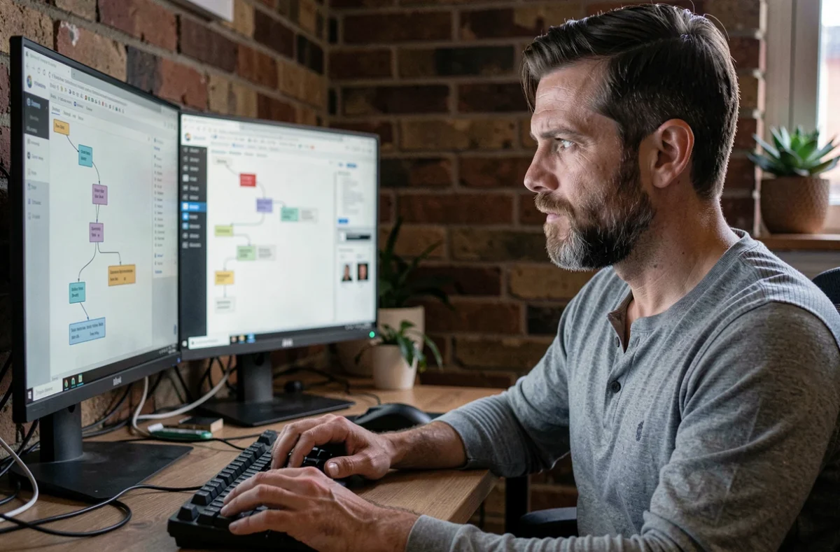 Un développeur web masculin analysant la structure d'un sitemap sur deux écrans dans un bureau à domicile, représentant l'optimisation de la navigation web