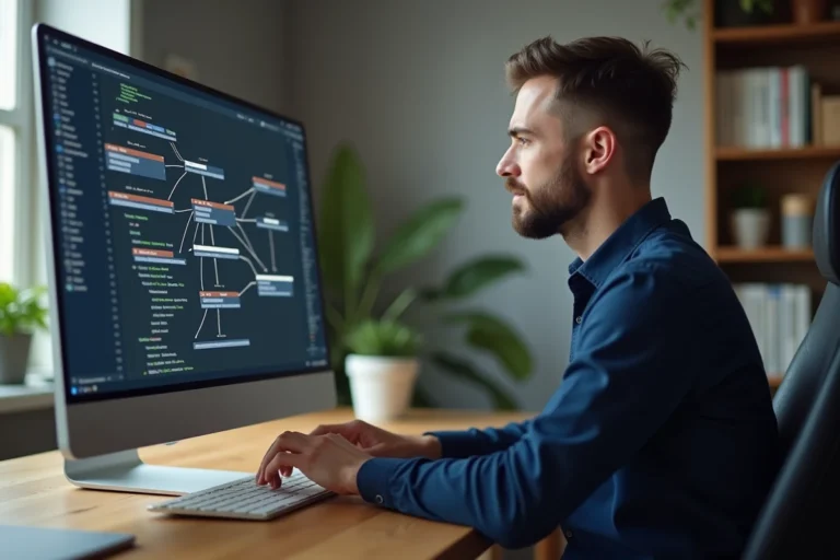 Développeur web consultant un diagramme de sitemap structuré sur un écran d'ordinateur dans un bureau moderne