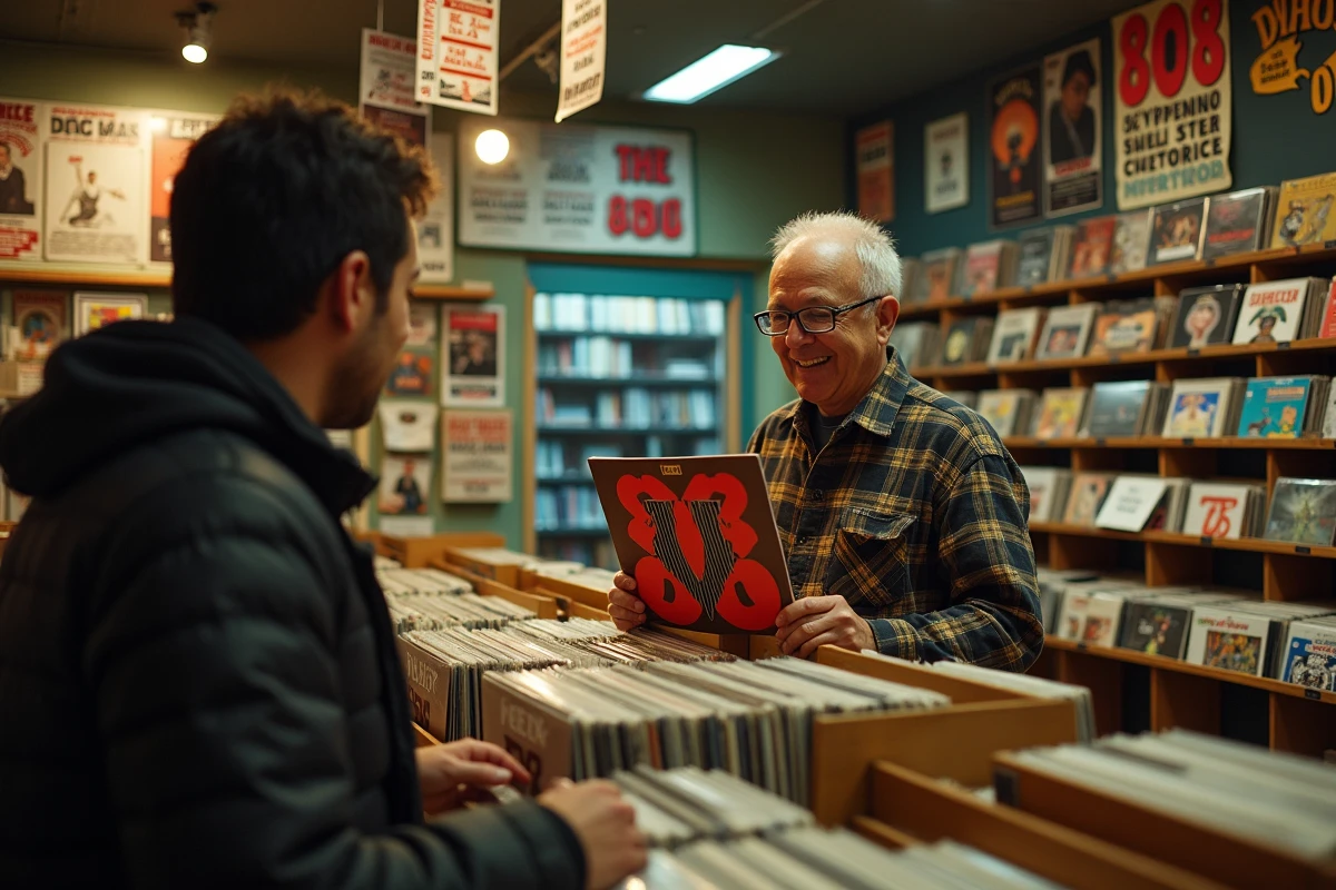 Propriétaire d'un disquaire tenant une pochette vinyle avec l'inscription 808, entouré de rangées d'albums de hip-hop et de musique électronique dans une boutique vintage
