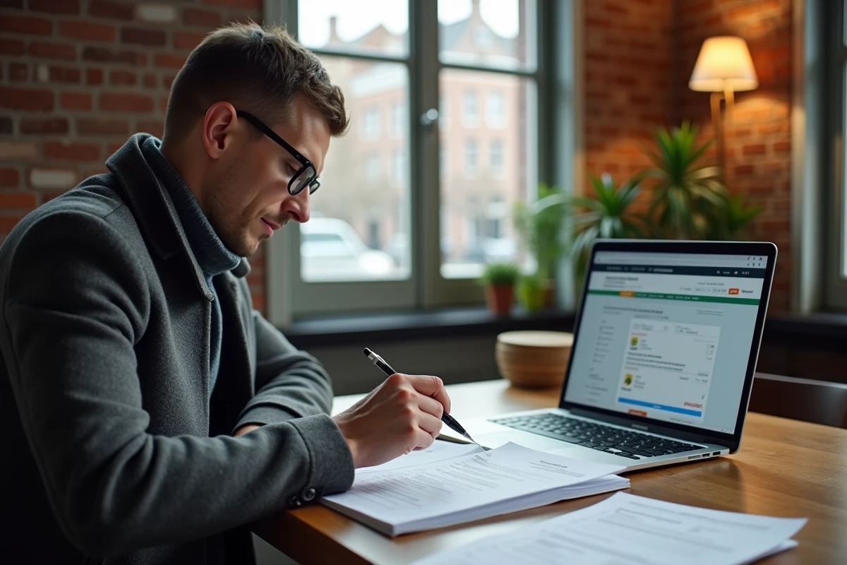 Homme remplissant un formulaire d'enregistrement de voiture dans un appartement d'Amsterdam avec des documents officiels néerlandais sur le bureau