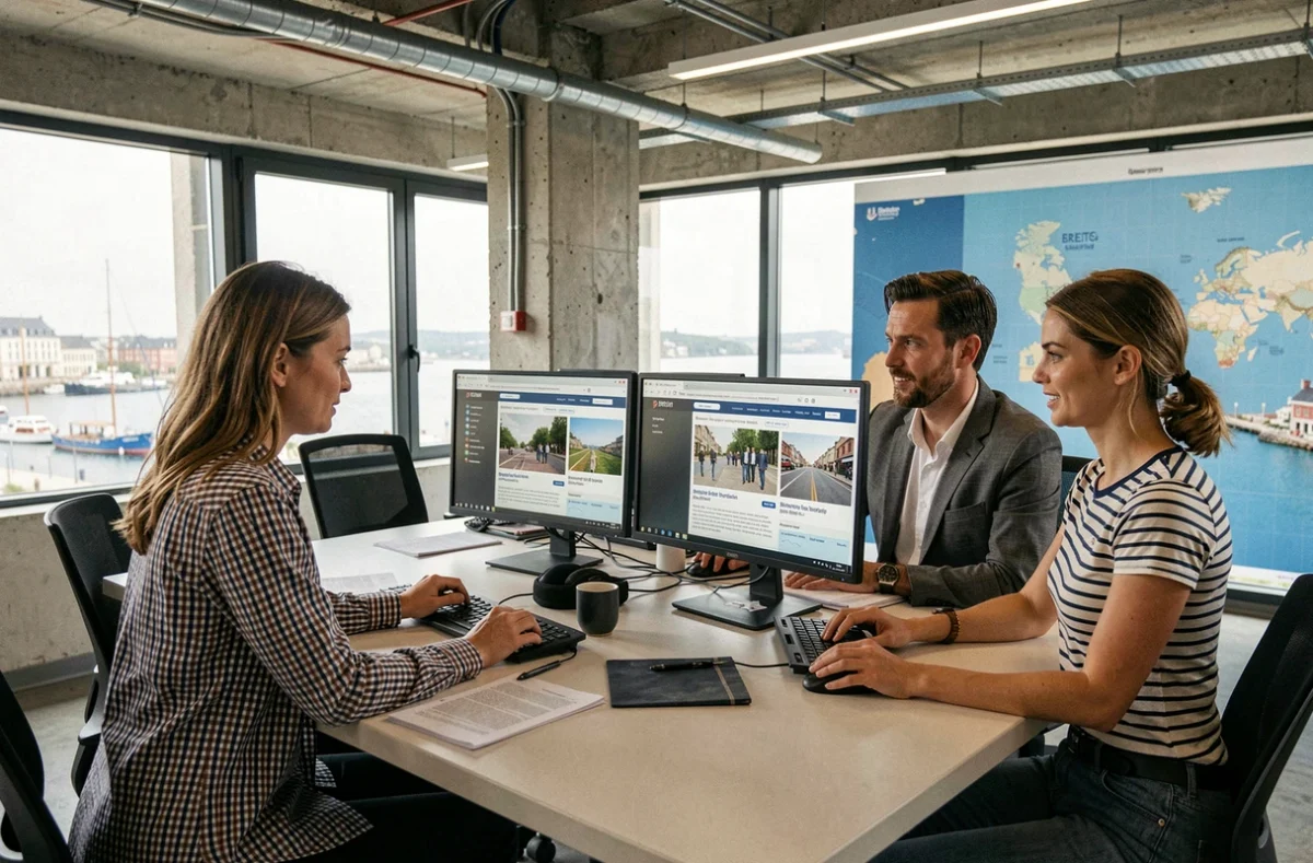 Équipe de journalistes bretons travaillant sur la nouvelle plateforme d'information régionale dans une salle de rédaction moderne à Brest
