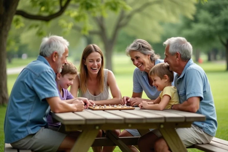 Famille multigenerational jouant à un jeu de société en plein air