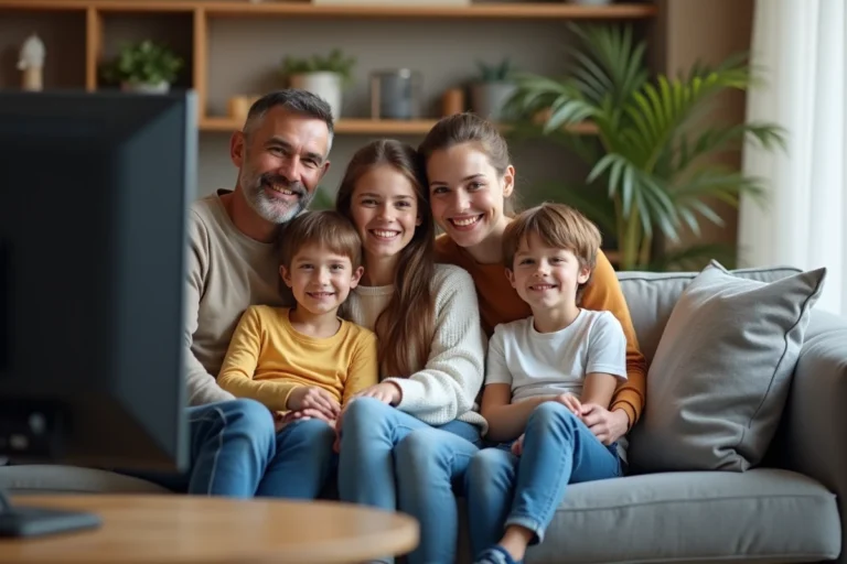 Famille multigenerations souriante dans le salon cosy