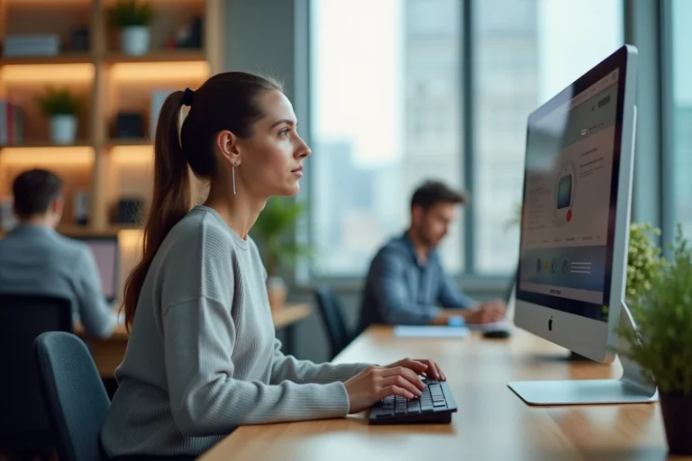 Femme analysant l'interface d'un site web sur un écran d'ordinateur dans un bureau moderne pour améliorer l'expérience utilisateur