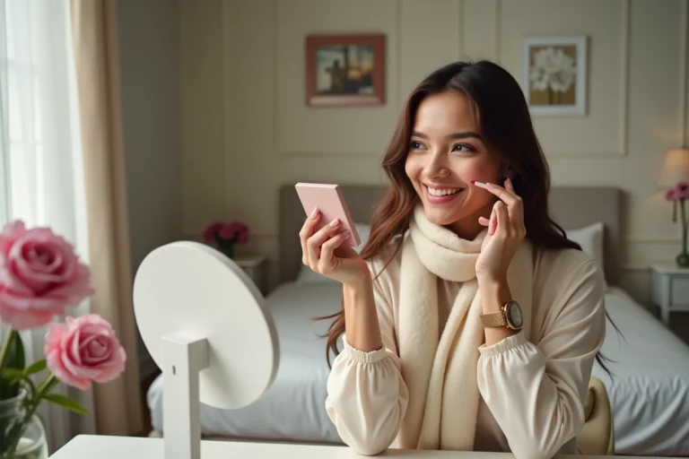 Femme élégante appliquant rouge à lèvres mat dans sa chambre