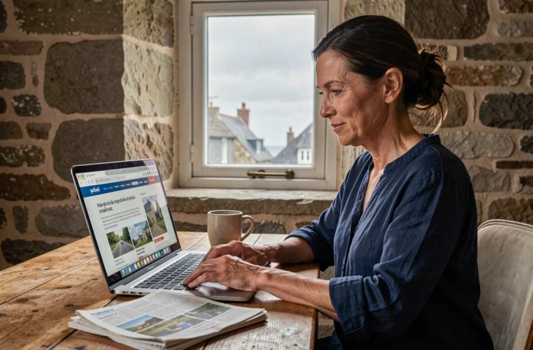 Femme bretonne consultant la nouvelle plateforme d'actualité régionale sur son ordinateur portable dans un bureau en pierre