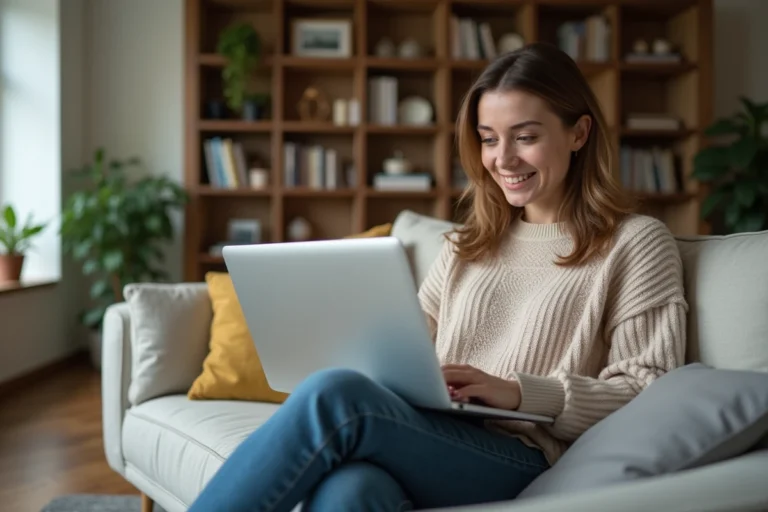 Jeune femme souriante utilisant un ordinateur portable dans un salon cosy