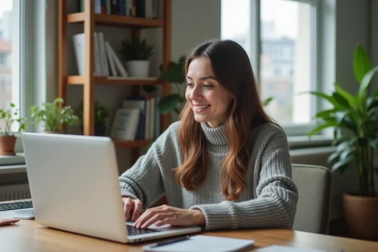Femme assise à son bureau avec un ordinateur portable