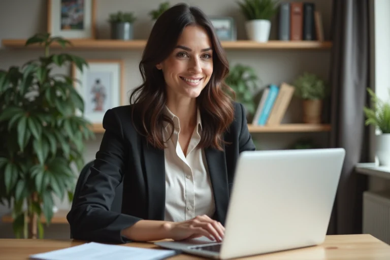 Femme professionnelle souriante dans un bureau moderne