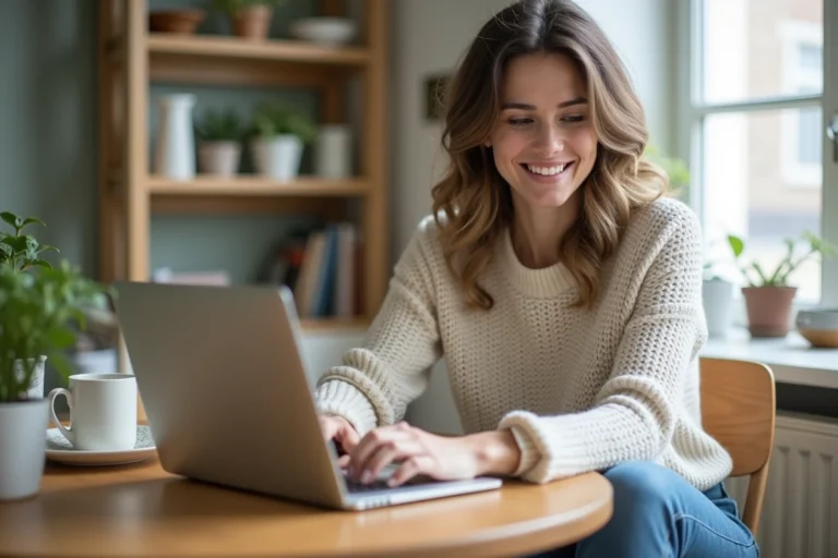 Femme détendue utilisant un ordinateur dans un appartement cosy
