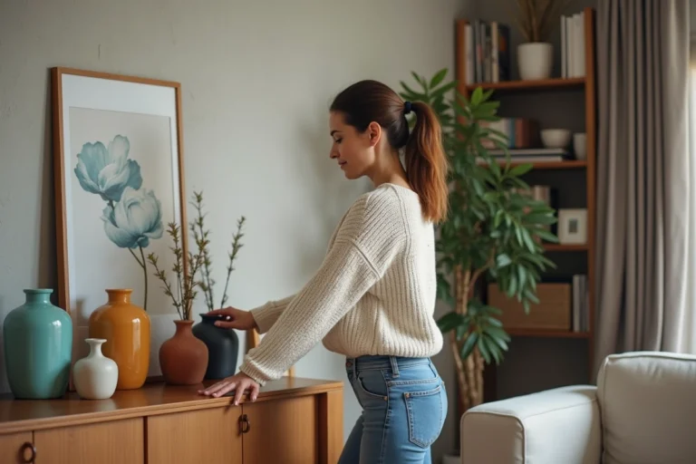Femme dans son salon arrangeant des vases en céramique colorés