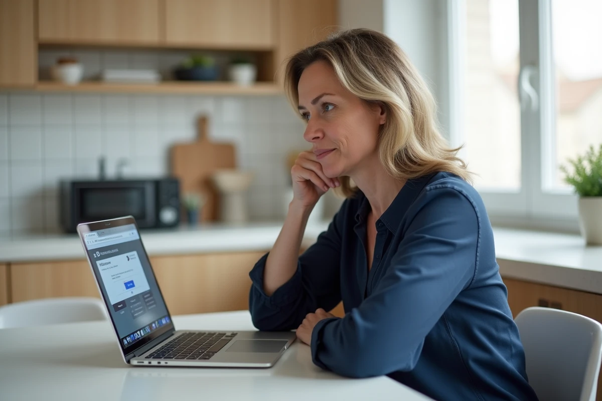 Femme consultant un guide de dépannage WiFi Freebox sur son ordinateur portable dans une cuisine moderne