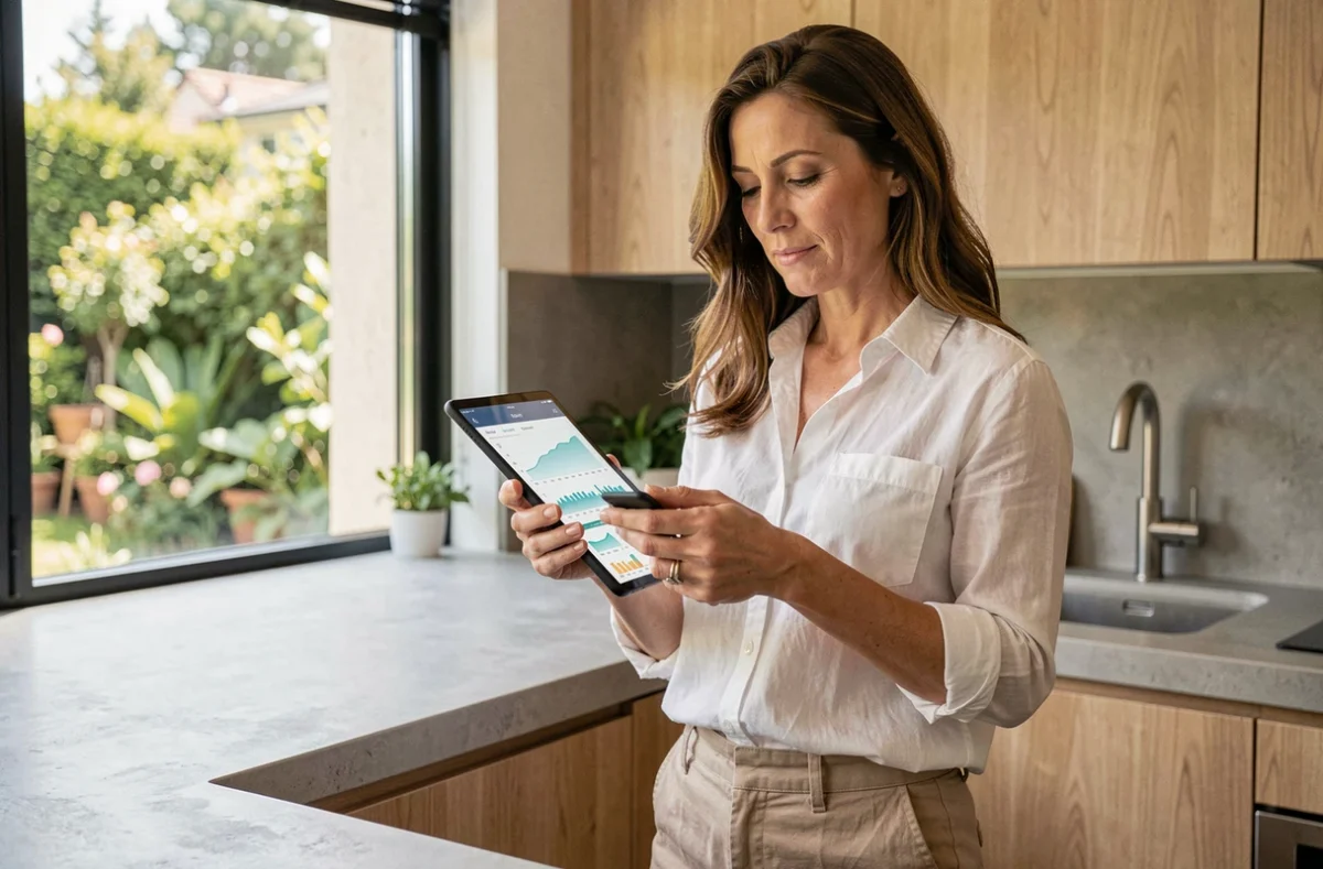 Femme consultant les données de consommation d'énergie solaire sur une tablette dans sa cuisine moderne