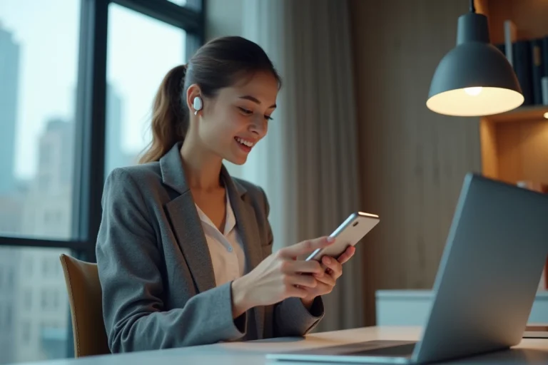 Femme moderne utilisant un smartphone pliable dans un bureau contemporain