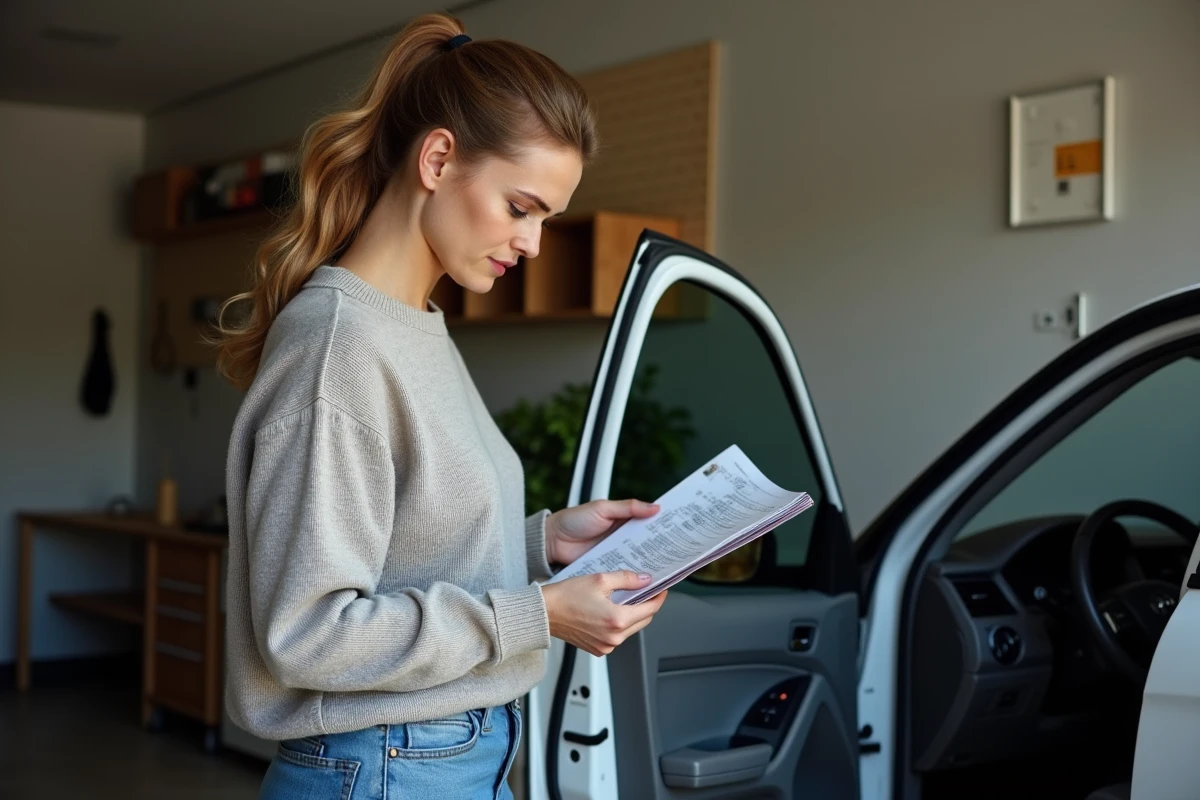 Femme dans un garage lisant un manuel de voiture à côté de son véhicule