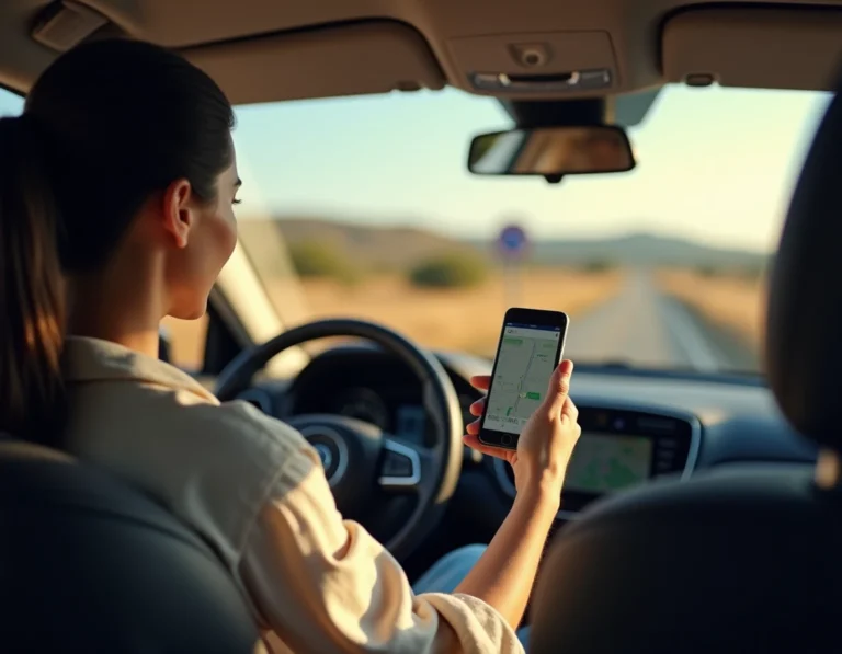 Femme consultant une application GPS de navigation sur autoroute en Espagne