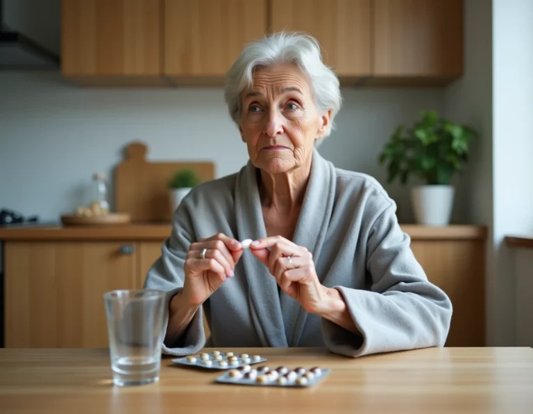 Femme d'une cinquantaine d'années tenant un comprimé de Levothyrox à la main avec une expression préoccupée, assise dans sa cuisine au matin