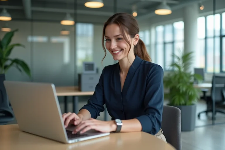 Femme souriante en login sécurisé au bureau
