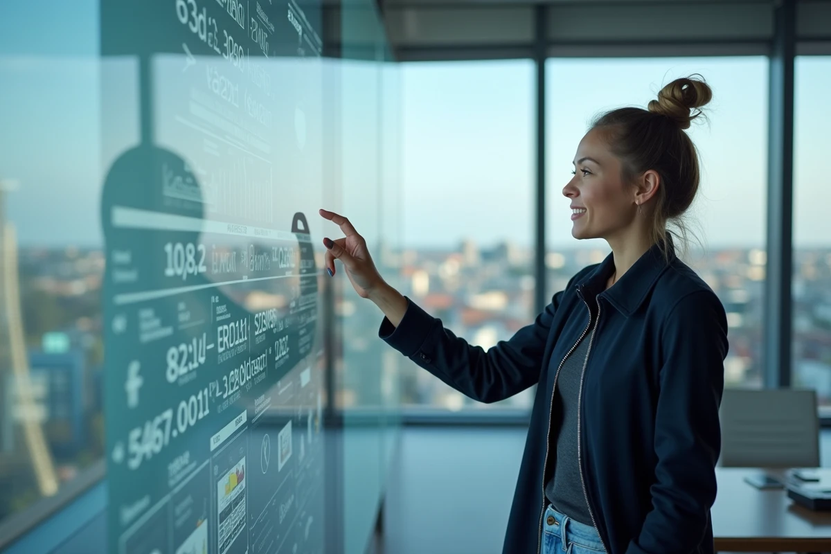 Jeune femme bretonne présentant sur écran tactile