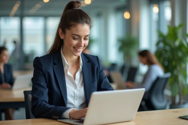 Femme professionnelle consultant son profil LinkedIn sur un laptop dans un bureau moderne pour booster sa carrière