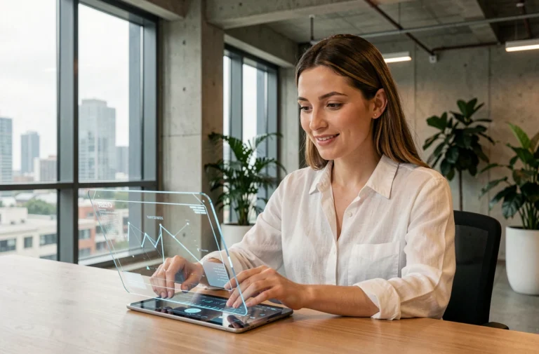 Femme interagissant avec une interface de réalité augmentée dans un bureau tech moderne en 2024