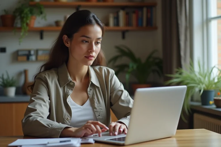 Jeune femme au travail vérifiant son ordinateur portable
