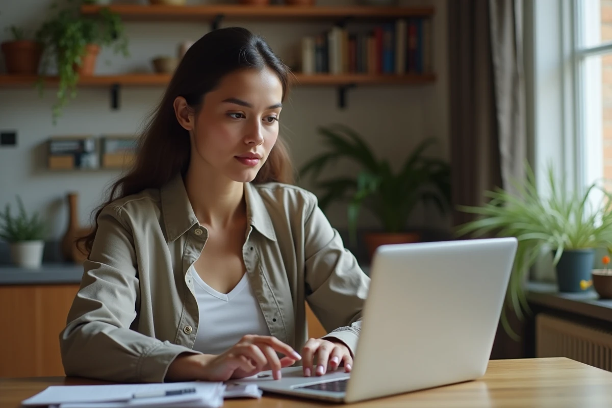 Jeune femme au travail vérifiant son ordinateur portable