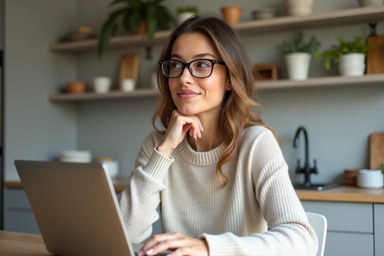 Femme assise à une table moderne travaillant sur son ordinateur