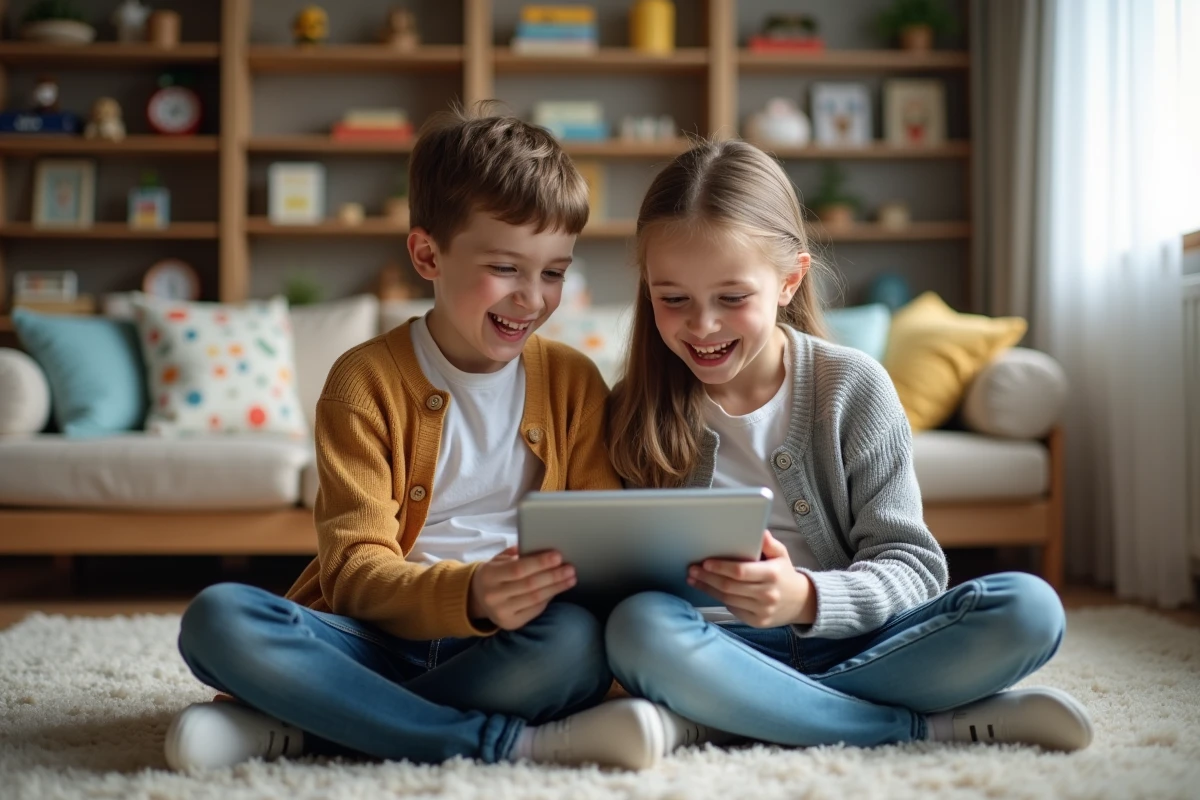 Freres et soeurs riant avec une tablette dans le salon