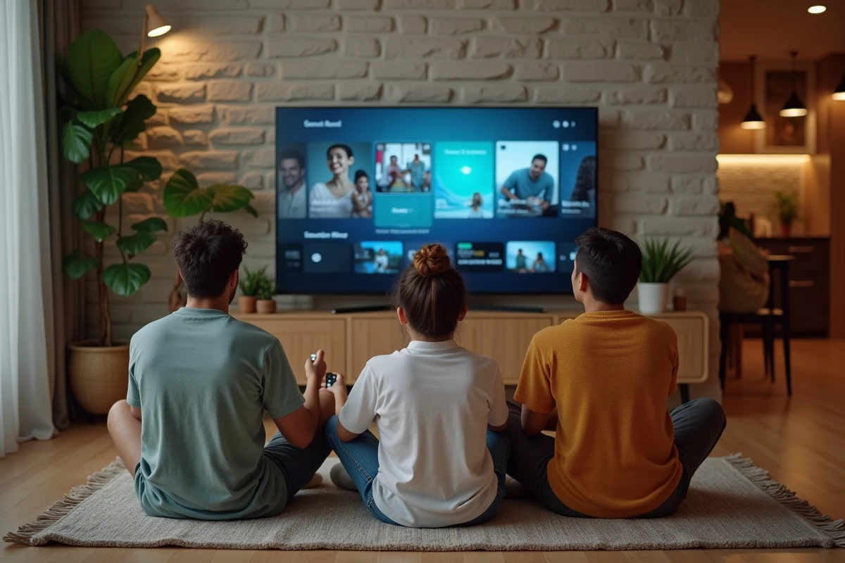 Tre amici che guardano la televisione discutendo a casa