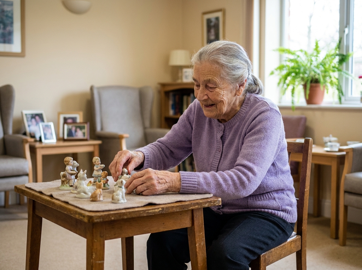 Femme âgée arrangeant ses objets personnels dans une salle commune d'une résidence pour seniors, mêlant vie collective et habitudes personnelles