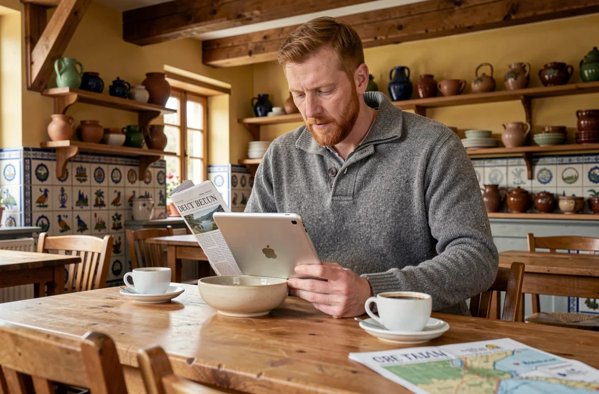 Homme barbu en pull marin lisant l'actualité bretonne sur une tablette dans un café traditionnel de Bretagne